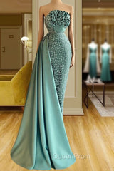 Elegant Long Green Mermaid Sleeveless Beading Evening Prom Dresses With Ruffles Long