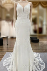 Elegant Long Mermaid Spaghetti Straps Lace Satin Open Back Wedding Dresses
