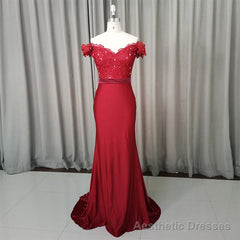 Elegant Long Mermaid Spandex Off Shoulder Party Dress, Wine Red Bridesmaid Dress
