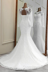 Elegant Long Mermaid Tulle Jewel Wedding Dresses with Sleeves