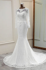 Elegant Long Mermaid Tulle Jewel Wedding Dresses with Sleeves
