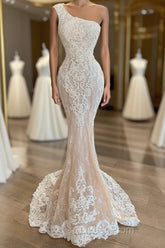 Elegant Long One Shoulder Appliques Lace Mermaid Wedding Dresses