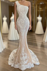 Elegant Long One Shoulder Appliques Lace Mermaid Wedding Dresses