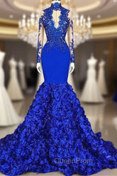Elegant Long Sleeves Lace Appliques Evening Prom Party Gowns on Sale Fit and Flare Royal Blue Floral Evening Prom Party Gowns with Keyhole