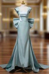 Elegant Mermaid Bow Satin Long Evening Dresses Evening Prom Dresses