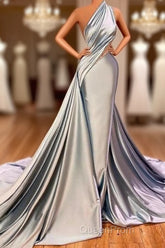 Elegant Mermaid One Shoulder Satin Long Evening Dresses Evening Prom Dresses
