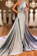 Elegant Mermaid One Shoulder Satin Long Evening Dresses Evening Prom Dresses