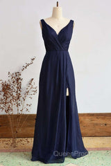Elegant Navy Blue Chiffon Bridesmaid Dresses With Slit