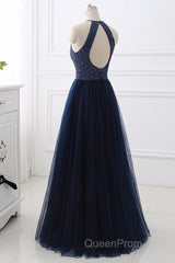 Elegant Navy Blue Halter Beaded Long Evening Dresses, Beautiful Evening Prom Dresses