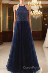 Elegant Navy Blue Halter Beaded Long Evening Dresses, Beautiful Evening Prom Dresses
