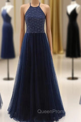 Elegant Navy Blue Halter Beaded Long Evening Dresses, Evening Prom Dresses