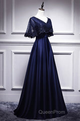 Elegant Navy Blue Short Sleeved Beaded Cape With Satin Lace Navy Blue V-Neck Backless And Ground Length Evening Dresses