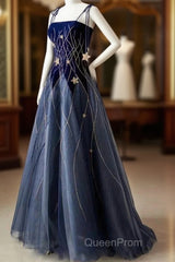 Elegant Navy Blue Spaghetti Strap Long Evening Prom Dresses With Star
