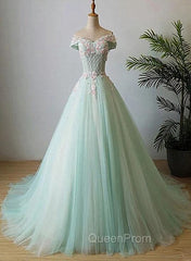 Elegant Off Shoulder Light Green Tulle Sweet 16 Dresses, Long Evening Gown