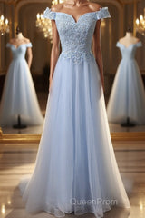 Elegant Off Shoulder Long Sky Blue Lace Evening Prom Dresses, Off Shoulder Sky Blue Formal Dresses, Sky Blue Lace Evening Dresses