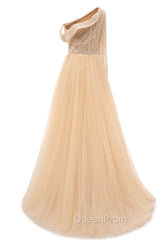 Elegant One Shoulder Beige Evening Prom Dresses Sheer Beading Lace Evening Dresses