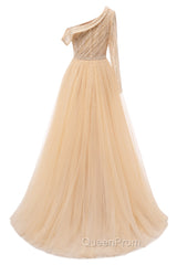 Elegant One Shoulder Beige Evening Prom Dresses Sheer Beading Lace Evening Dresses
