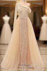 Elegant One Shoulder Beige Evening Prom Dresses Sheer Beading Lace Evening Dresses