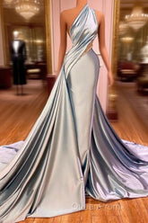 Elegant One Shoulder Mermaid Evening Prom Dresses Long Pleated with Beads