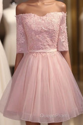 Elegant Pink Lace Appliques Off The Shoulder Tulle Bridesmaid Dresses Short