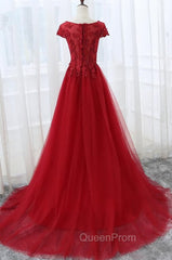 Elegant Red Tulle Long Evening Prom Dresses with Lace Applique, Red Party Gowns
