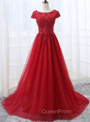 Elegant Red Tulle Long Evening Prom Dresses with Lace Applique, Red Party Gowns