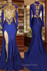 Elegant Royal Blue Evening Prom Party GownsMermaid Long Sleeves With Appliques