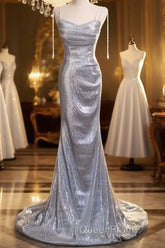 Elegant Silver Sequin Mermiad Evening Prom Dresses Long Evening Dresses