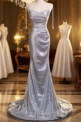 Elegant Silver Sequin Mermiad Evening Prom Dresses Long Evening Dresses