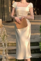 Elegant Square Neck Long Party Dress Beige Satin Mermiad Prom Evening Dress