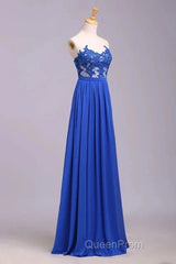 Elegant Strapless Chiffon Evening Lace Appliques Long Evening Prom Dresses Royal Blue