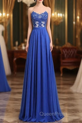 Elegant Strapless Chiffon Evening Lace Appliques Long Evening Prom Dresses Royal Blue
