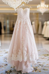 Elegant Sweetheart High Low Blush Wedding Dresses With White Lace