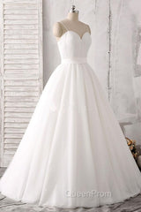 Elegant Thin Shoulder Straps Sweet Floor Mopping White Satin And Floor Length Wedding Dresses