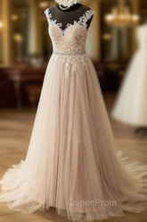 Elegant Tulle Lace Long Evening Prom Dresses, A-Line Scoop Neckline Evening Dresses