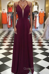 Elegant V Neck Open Back Burgundy Evening Prom Dresses, Open Back Burgundy Formal Dresses, Long Burgundy Evening Dresses