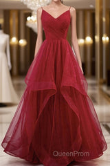 Elegant V Neck Open Back Sequins Burgundy Long Evening Prom Dresses, Shiny Burgundy Formal Dresses, Fluffy Burgundy Evening Dresses