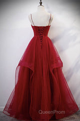 Elegant V Neck Open Back Sequins Burgundy Long Evening Prom Dresses, Shiny Burgundy Formal Dresses, Fluffy Burgundy Evening Dresses