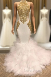 Elegant White And Gold Mermaid Evening Prom Dresses Sequins High Collar Chiffon Long