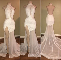 Elegant White Lace Halter Evening Prom Party GownsMermaid Backless Party Dresses With Slit