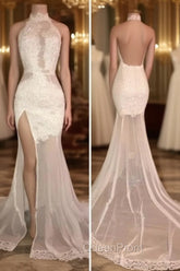 Elegant White Lace Halter Evening Prom Party GownsMermaid Backless Party Dresses With Slit