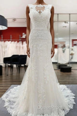 Elegant White Long Mermaid Tulle Lace Open Back Wedding Dresses