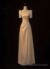Elegant White Satin A-line Wedding Party Dress Long Prom Dress Evening Gown