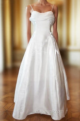 Elegant White Satin Spaghetti Straps Evening Prom Dresses Fairy A Line Princess Dresses Evening Gown
