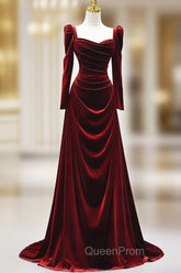 Elegant Wine Red Velvet Long Sleeves Evening Dresses, Evening Wedding Party Dresses