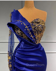 Elgeant Royal Blue One Shoulder Mermaid Evening Prom Dresses with Sleeves