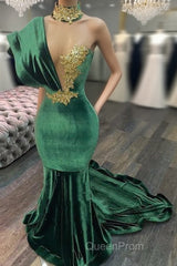 Emerald Green Evening Dresses High Neck Appliques Gold Lace Mermaid Evening Prom Dresses Sexy Formal Velvet Party Gowns