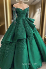Emerald Green Evening Prom Dresses Long Sleeves Green Ball Gown Evening Prom Dresses