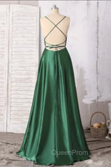 Emerald Green Evening Prom Dresses, Strappy Back Slit Simple Satin Evening Prom Dresses