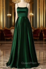 Emerald Green Evening Prom Dresses, Strappy Back Slit Simple Satin Evening Prom Dresses
